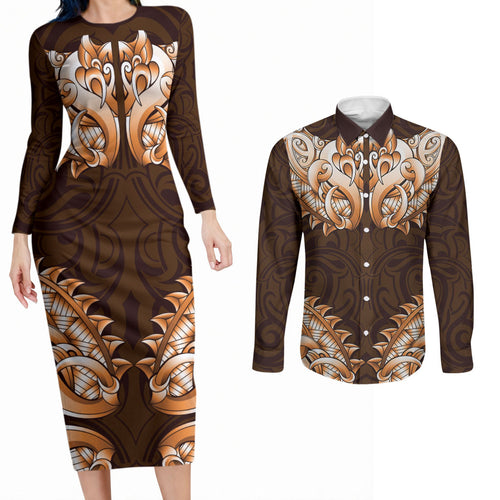 New Zealand Ta Moko Couples Matching Long Sleeve Bodycon Dress and Long Sleeve Button Shirt Aotearoa Maori Chest Tattoo Orange