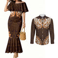 New Zealand Ta Moko Couples Matching Mermaid Dress and Long Sleeve Button Shirt Aotearoa Maori Chest Tattoo Orange