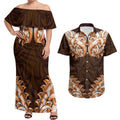 New Zealand Ta Moko Couples Matching Off Shoulder Maxi Dress and Hawaiian Shirt Aotearoa Maori Chest Tattoo Orange