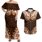 New Zealand Ta Moko Couples Matching Off Shoulder Maxi Dress and Hawaiian Shirt Aotearoa Maori Chest Tattoo Orange