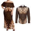 New Zealand Ta Moko Couples Matching Off Shoulder Maxi Dress and Long Sleeve Button Shirt Aotearoa Maori Chest Tattoo Orange