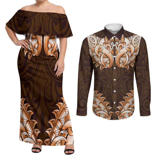 New Zealand Ta Moko Couples Matching Off Shoulder Maxi Dress and Long Sleeve Button Shirt Aotearoa Maori Chest Tattoo Orange