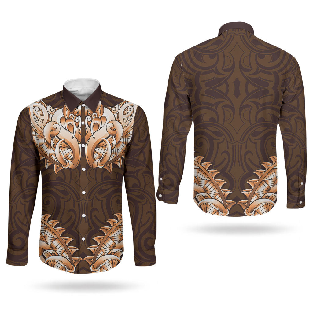 New Zealand Ta Moko Couples Matching Off Shoulder Maxi Dress and Long Sleeve Button Shirt Aotearoa Maori Chest Tattoo Orange