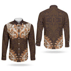 New Zealand Ta Moko Couples Matching Off Shoulder Maxi Dress and Long Sleeve Button Shirt Aotearoa Maori Chest Tattoo Orange