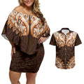 New Zealand Ta Moko Couples Matching Off Shoulder Short Dress and Hawaiian Shirt Aotearoa Maori Chest Tattoo Orange