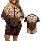 New Zealand Ta Moko Couples Matching Off Shoulder Short Dress and Hawaiian Shirt Aotearoa Maori Chest Tattoo Orange