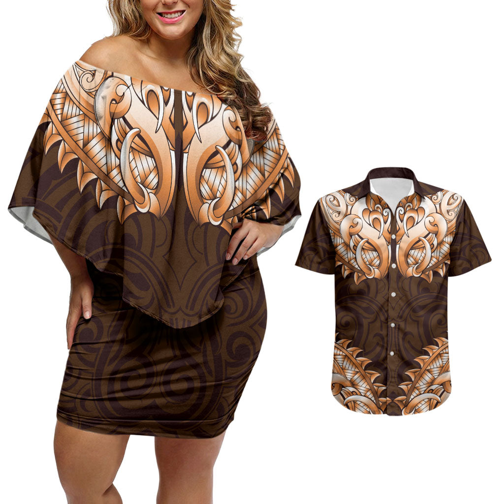 New Zealand Ta Moko Couples Matching Off Shoulder Short Dress and Hawaiian Shirt Aotearoa Maori Chest Tattoo Orange