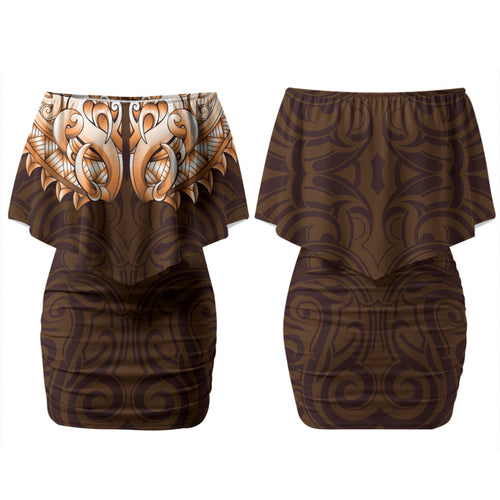 New Zealand Ta Moko Couples Matching Off Shoulder Short Dress and Hawaiian Shirt Aotearoa Maori Chest Tattoo Orange