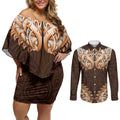 New Zealand Ta Moko Couples Matching Off Shoulder Short Dress and Long Sleeve Button Shirt Aotearoa Maori Chest Tattoo Orange