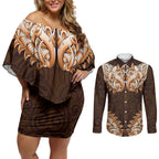New Zealand Ta Moko Couples Matching Off Shoulder Short Dress and Long Sleeve Button Shirt Aotearoa Maori Chest Tattoo Orange