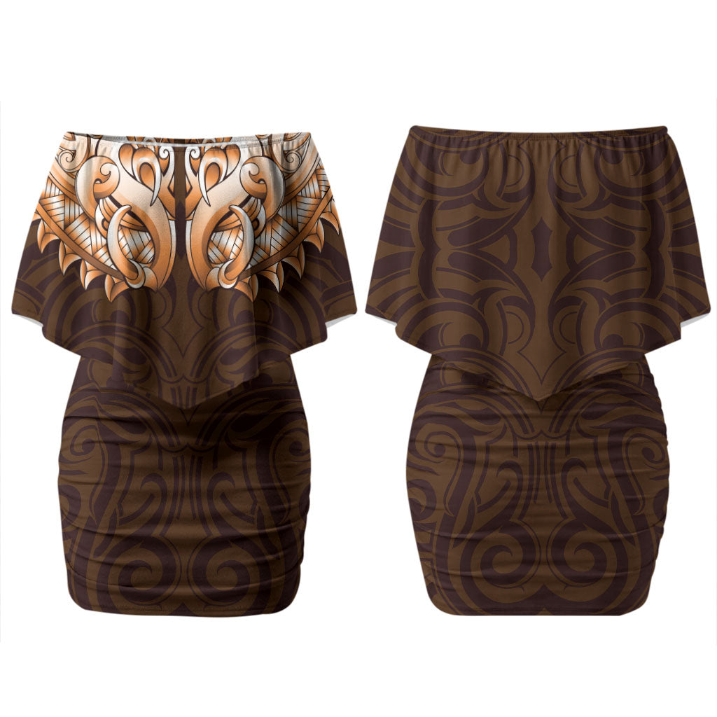 New Zealand Ta Moko Couples Matching Off Shoulder Short Dress and Long Sleeve Button Shirt Aotearoa Maori Chest Tattoo Orange