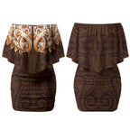 New Zealand Ta Moko Couples Matching Off Shoulder Short Dress and Long Sleeve Button Shirt Aotearoa Maori Chest Tattoo Orange