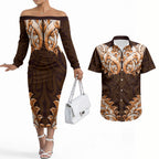 New Zealand Ta Moko Couples Matching Off The Shoulder Long Sleeve Dress and Hawaiian Shirt Aotearoa Maori Chest Tattoo Orange