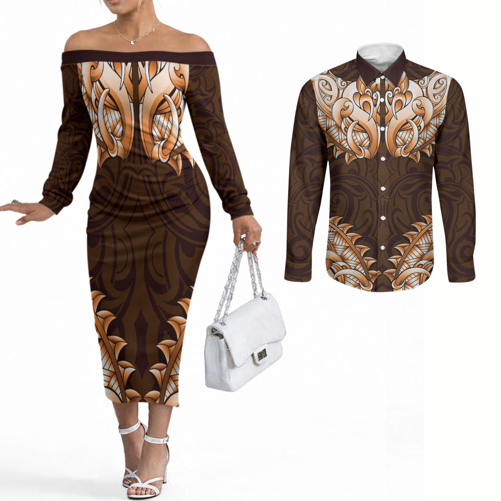 New Zealand Ta Moko Couples Matching Off The Shoulder Long Sleeve Dress and Long Sleeve Button Shirt Aotearoa Maori Chest Tattoo Orange