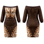 New Zealand Ta Moko Couples Matching Off The Shoulder Long Sleeve Dress and Long Sleeve Button Shirt Aotearoa Maori Chest Tattoo Orange