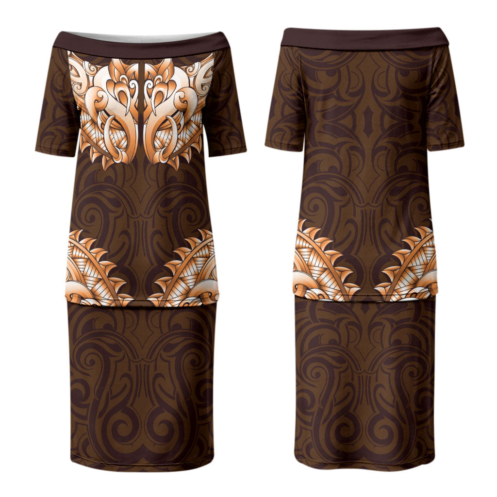 New Zealand Ta Moko Couples Matching Puletasi and Hawaiian Shirt Aotearoa Maori Chest Tattoo Orange