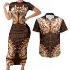 New Zealand Ta Moko Couples Matching Short Sleeve Bodycon Dress and Hawaiian Shirt Aotearoa Maori Chest Tattoo Orange