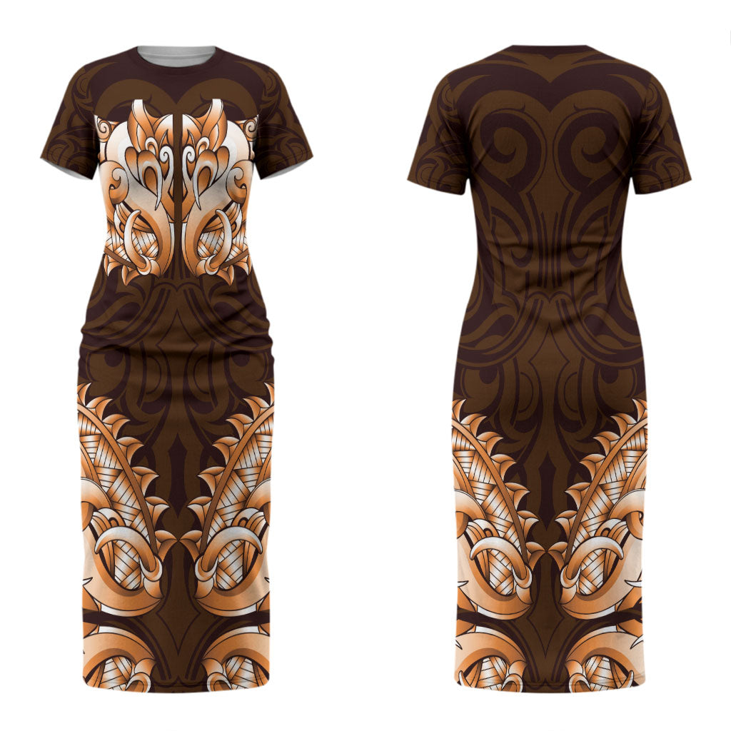 New Zealand Ta Moko Couples Matching Short Sleeve Bodycon Dress and Hawaiian Shirt Aotearoa Maori Chest Tattoo Orange