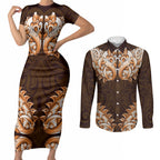 New Zealand Ta Moko Couples Matching Short Sleeve Bodycon Dress and Long Sleeve Button Shirt Aotearoa Maori Chest Tattoo Orange