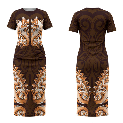New Zealand Ta Moko Couples Matching Short Sleeve Bodycon Dress and Long Sleeve Button Shirt Aotearoa Maori Chest Tattoo Orange