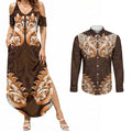 New Zealand Ta Moko Couples Matching Summer Maxi Dress and Long Sleeve Button Shirt Aotearoa Maori Chest Tattoo Orange
