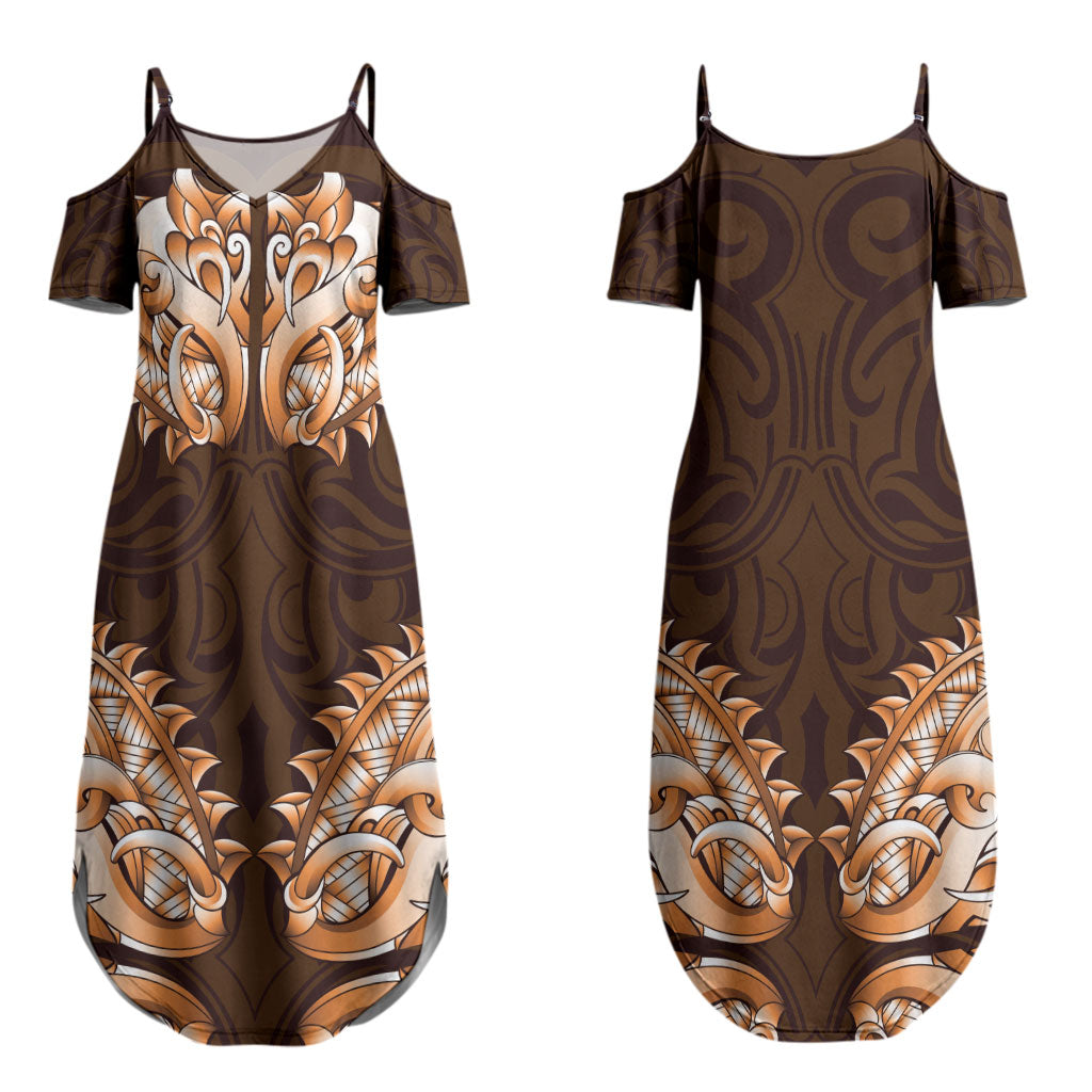 New Zealand Ta Moko Couples Matching Summer Maxi Dress and Long Sleeve Button Shirt Aotearoa Maori Chest Tattoo Orange