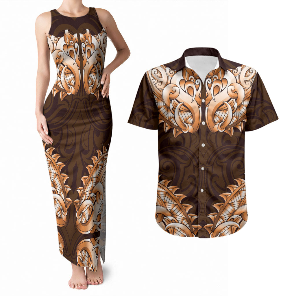 New Zealand Ta Moko Couples Matching Tank Maxi Dress and Hawaiian Shirt Aotearoa Maori Chest Tattoo Orange
