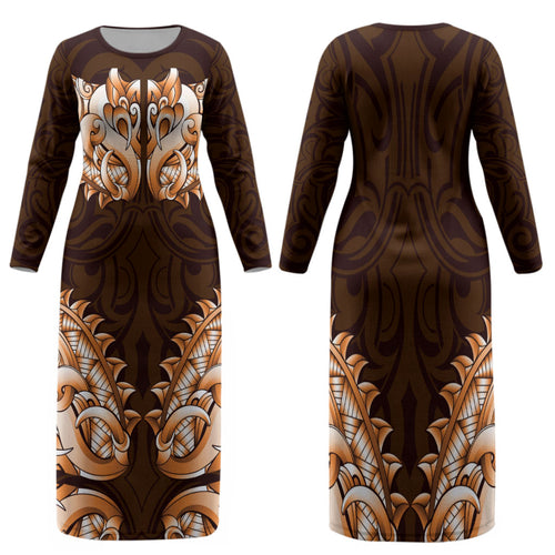New Zealand Ta Moko Family Matching Long Sleeve Bodycon Dress and Hawaiian Shirt Aotearoa Maori Chest Tattoo Orange