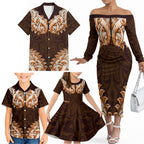 New Zealand Ta Moko Family Matching Off The Shoulder Long Sleeve Dress and Hawaiian Shirt Aotearoa Maori Chest Tattoo Orange