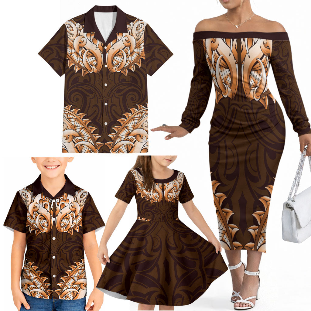 New Zealand Ta Moko Family Matching Off The Shoulder Long Sleeve Dress and Hawaiian Shirt Aotearoa Maori Chest Tattoo Orange