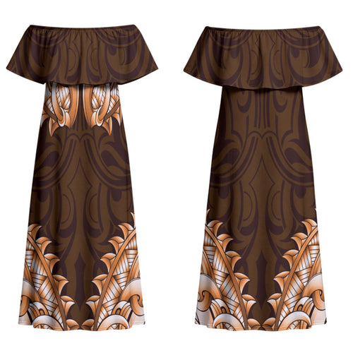 New Zealand Ta Moko Family Matching Off Shoulder Maxi Dress and Hawaiian Shirt Aotearoa Maori Chest Tattoo Orange