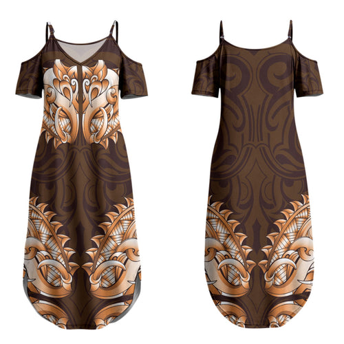 New Zealand Ta Moko Family Matching Summer Maxi Dress and Hawaiian Shirt Aotearoa Maori Chest Tattoo Orange