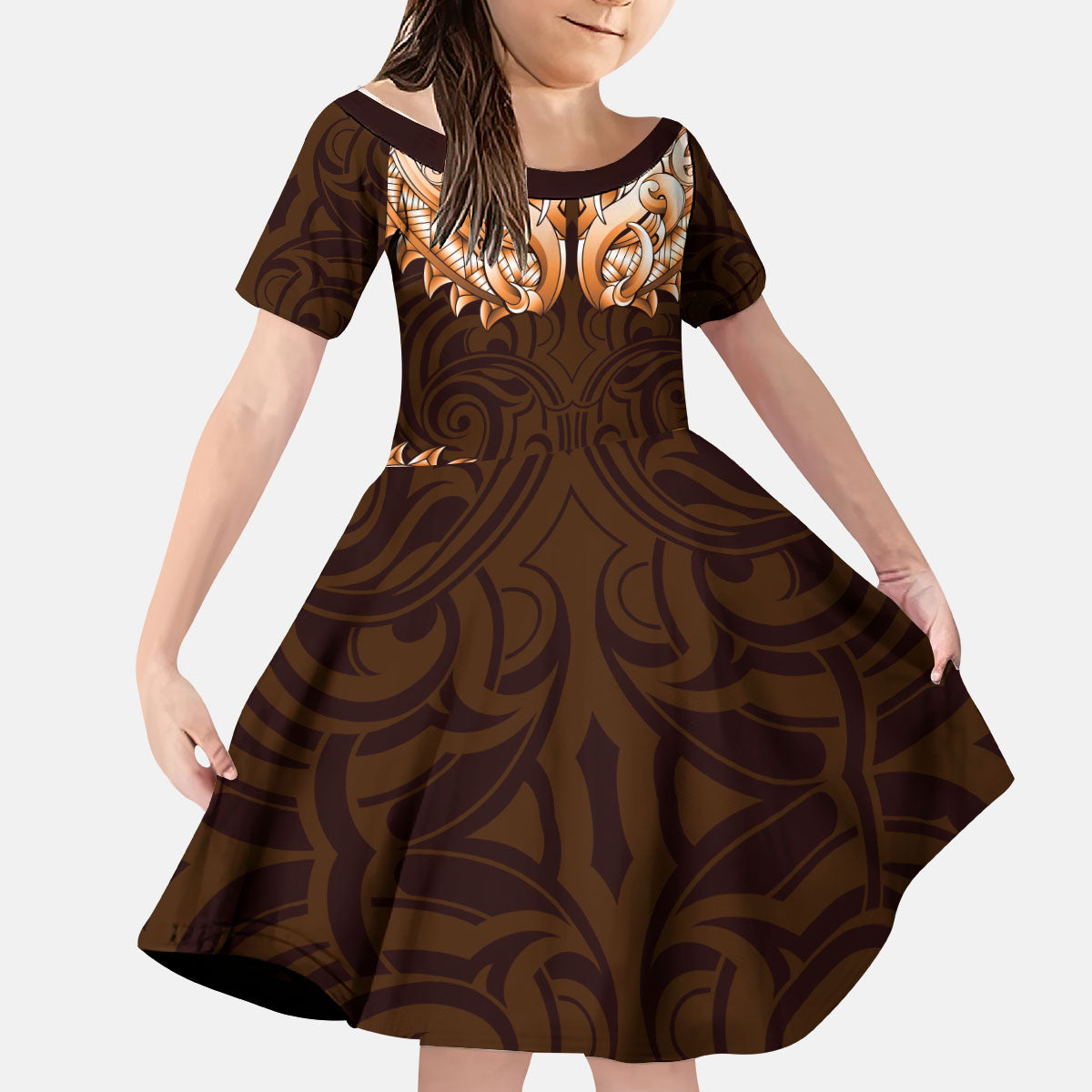New Zealand Ta Moko Kid Short Sleeve Dress Aotearoa Maori Chest Tattoo Orange