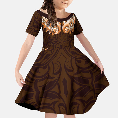 New Zealand Ta Moko Kid Short Sleeve Dress Aotearoa Maori Chest Tattoo Orange