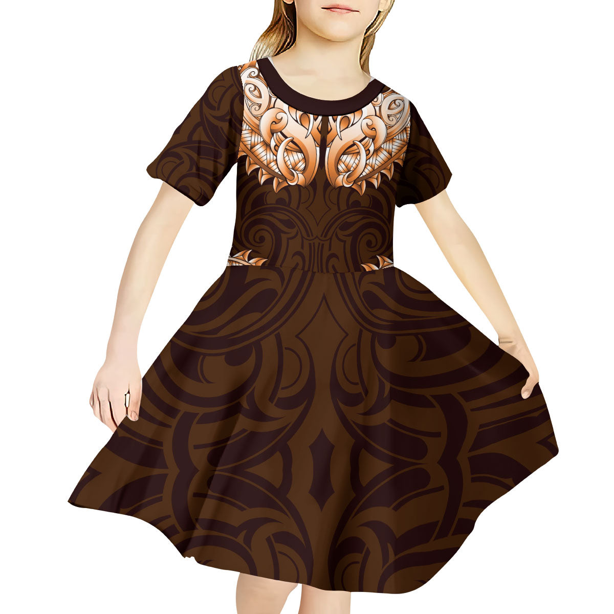 New Zealand Ta Moko Kid Short Sleeve Dress Aotearoa Maori Chest Tattoo Orange