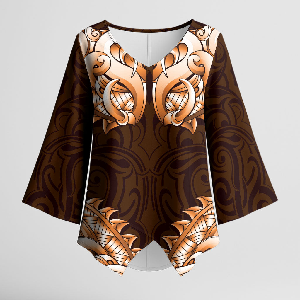 New Zealand Ta Moko Kimono Sleeve Blouse Aotearoa Maori Chest Tattoo Orange