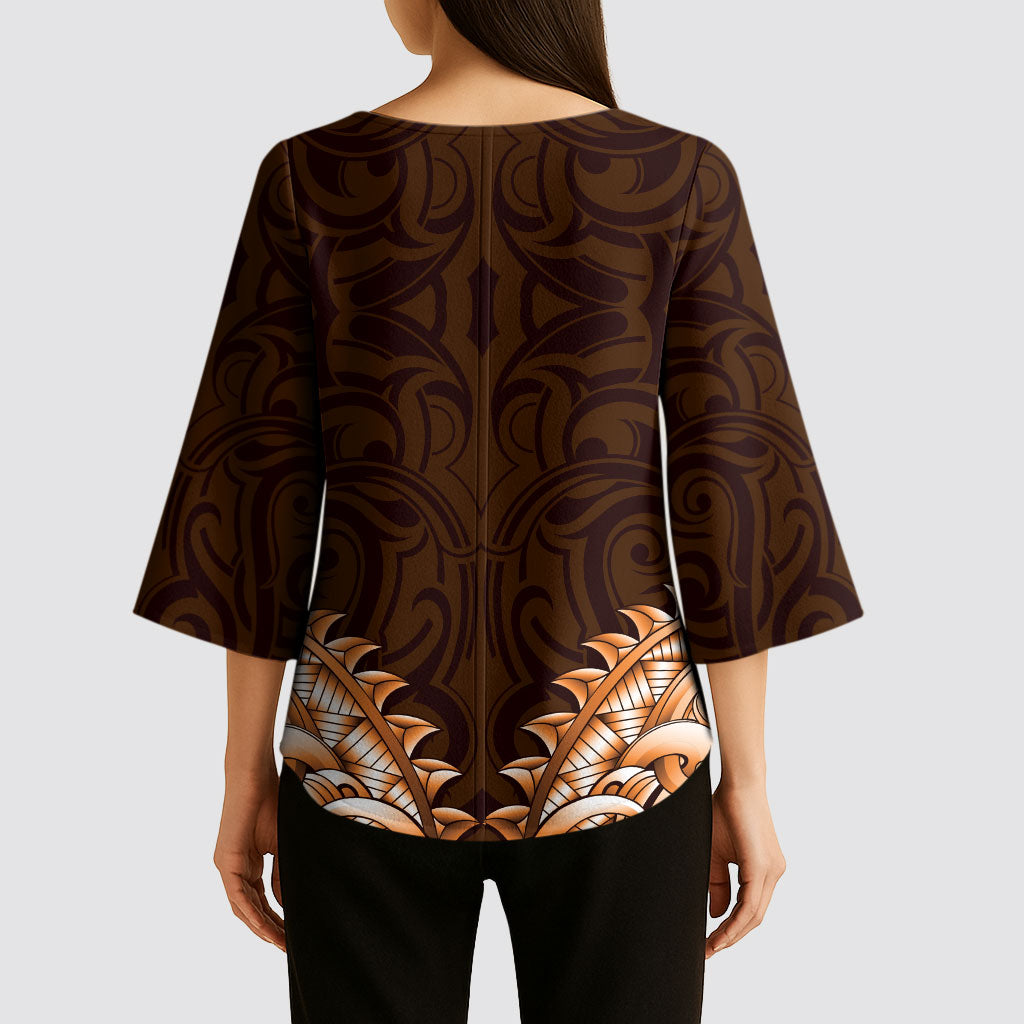 New Zealand Ta Moko Kimono Sleeve Blouse Aotearoa Maori Chest Tattoo Orange
