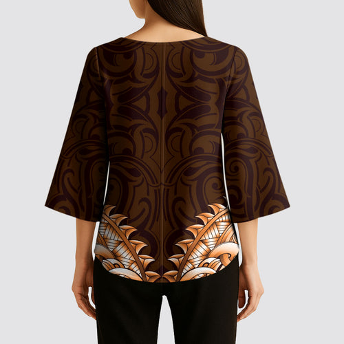 New Zealand Ta Moko Kimono Sleeve Blouse Aotearoa Maori Chest Tattoo Orange