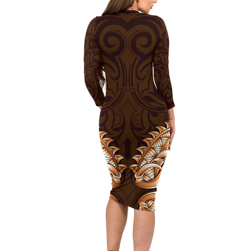New Zealand Ta Moko Long Sleeve Bodycon Dress Aotearoa Maori Chest Tattoo Orange