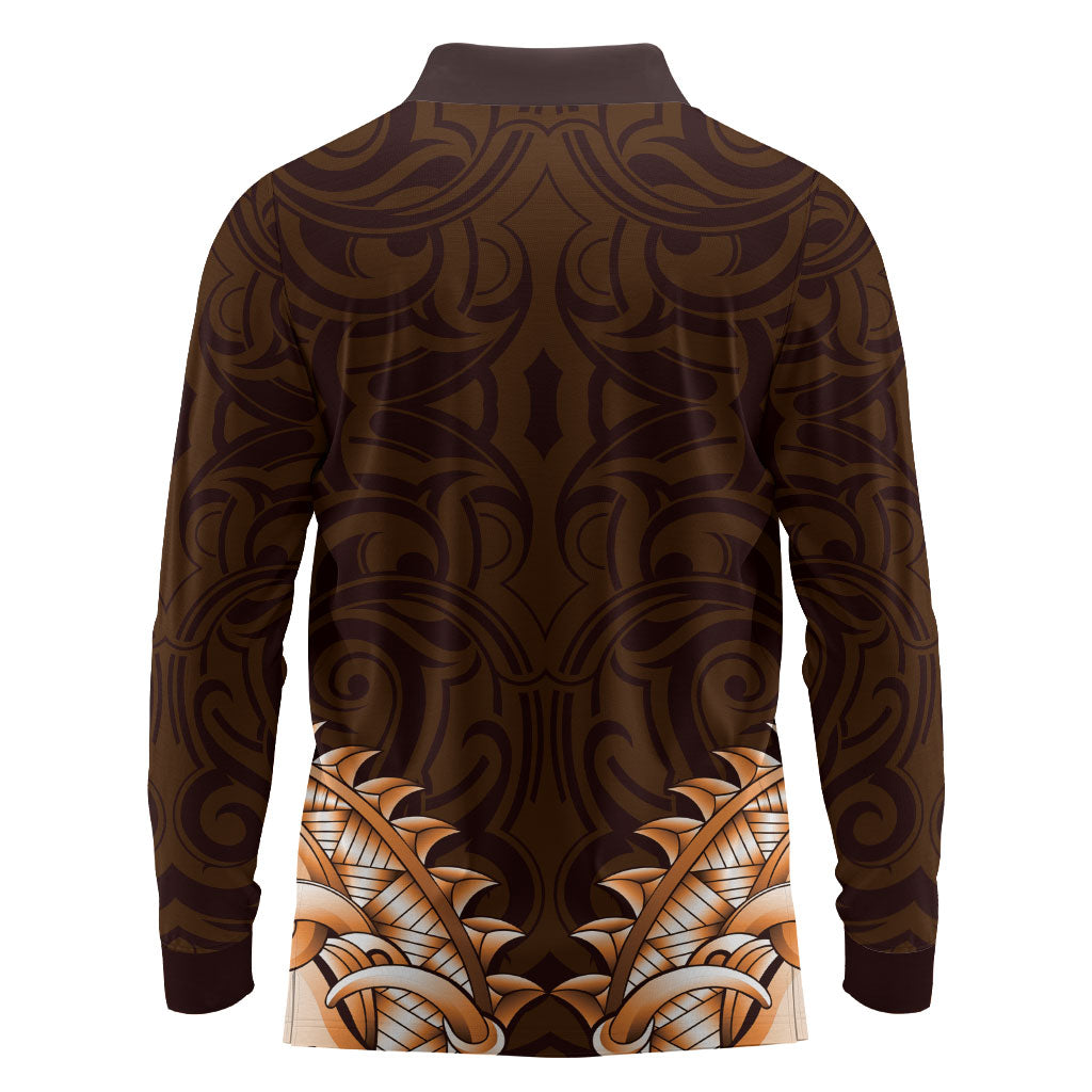 New Zealand Ta Moko Long Sleeve Polo Shirt Aotearoa Maori Chest Tattoo Orange