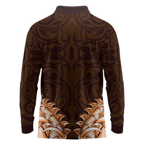 New Zealand Ta Moko Long Sleeve Polo Shirt Aotearoa Maori Chest Tattoo Orange