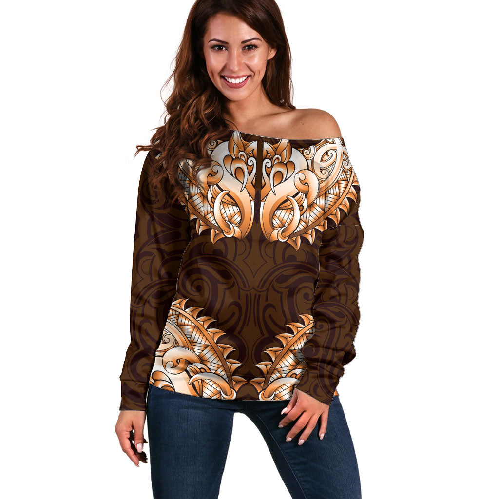 New Zealand Ta Moko Off Shoulder Sweater Aotearoa Maori Chest Tattoo Orange