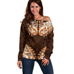 New Zealand Ta Moko Off Shoulder Sweater Aotearoa Maori Chest Tattoo Orange