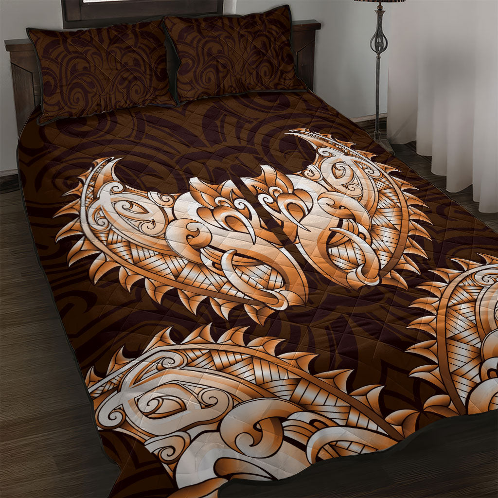 New Zealand Ta Moko Quilt Bed Set Aotearoa Maori Chest Tattoo Orange