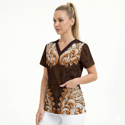 New Zealand Ta Moko Scrub Top Aotearoa Maori Chest Tattoo Orange