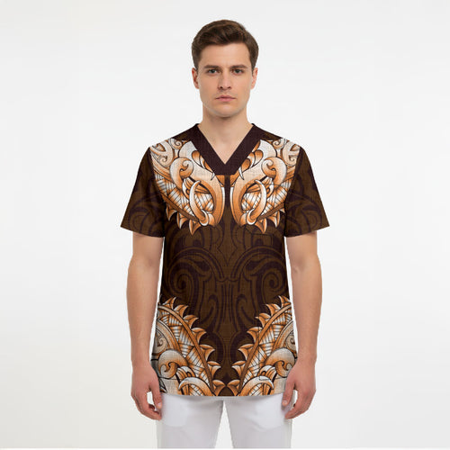 New Zealand Ta Moko Scrub Top Aotearoa Maori Chest Tattoo Orange
