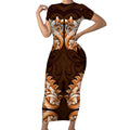 New Zealand Ta Moko Short Sleeve Bodycon Dress Aotearoa Maori Chest Tattoo Orange