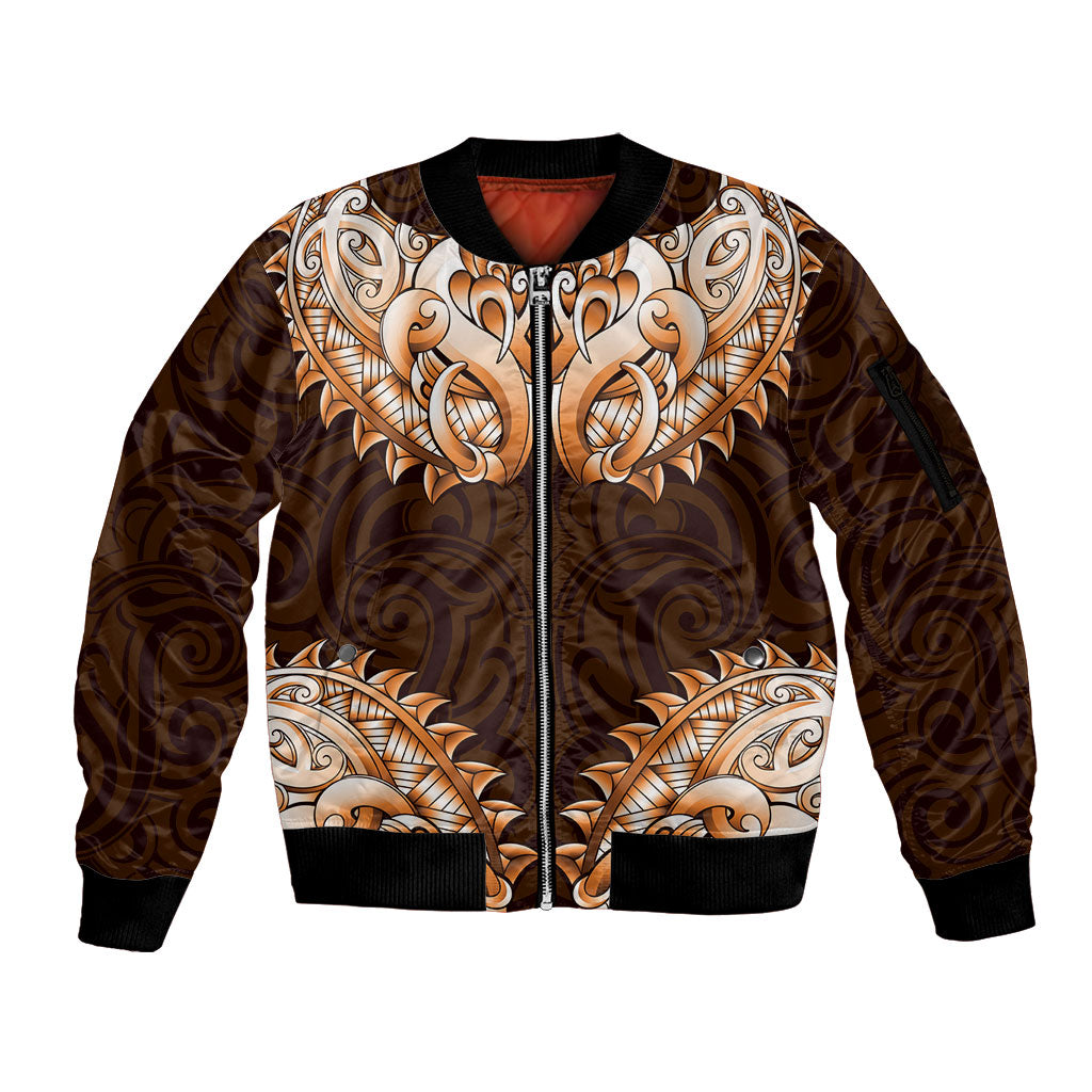 New Zealand Ta Moko Sleeve Zip Bomber Jacket Aotearoa Maori Chest Tattoo Orange