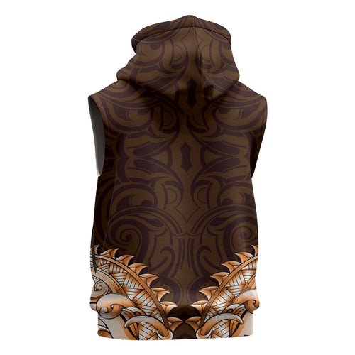 New Zealand Ta Moko Sleeveless Hoodie Aotearoa Maori Chest Tattoo Orange
