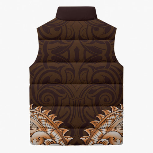 New Zealand Ta Moko Sleeveless Puffer Jacket Aotearoa Maori Chest Tattoo Orange